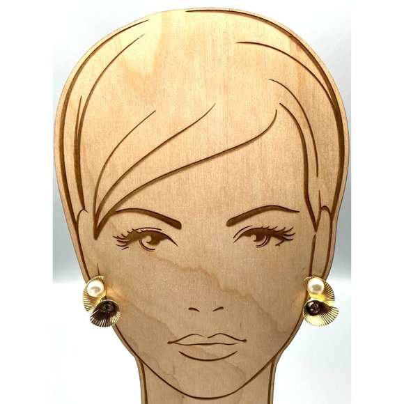 Vintage Gold Tone Flourish Earrings, Fancy Swirl with Faux Pearl Center - Picture 3 of 5